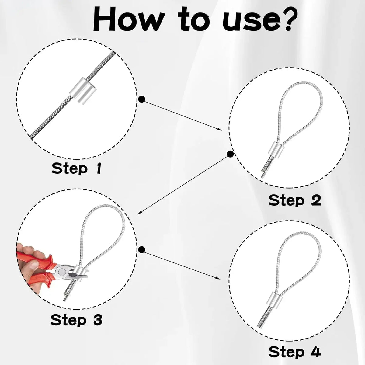 Four steps illustrating how to use aluminum double barrel crimp sleeves for wire rope.