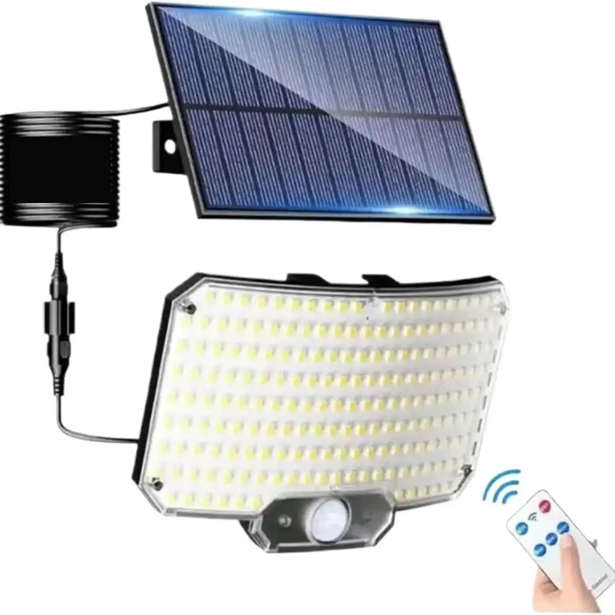 A solar powered motion sensor wall light with multiple LED bulbs and a remote control.