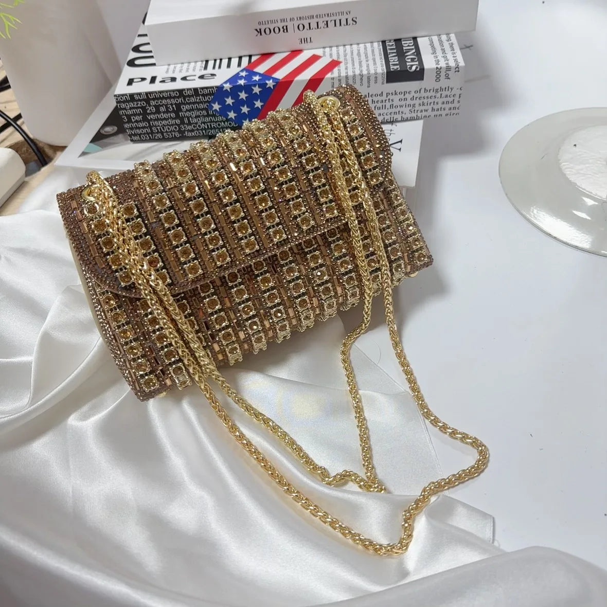 Crystal-Embellished Evening Clutch Bag with Chain Strap