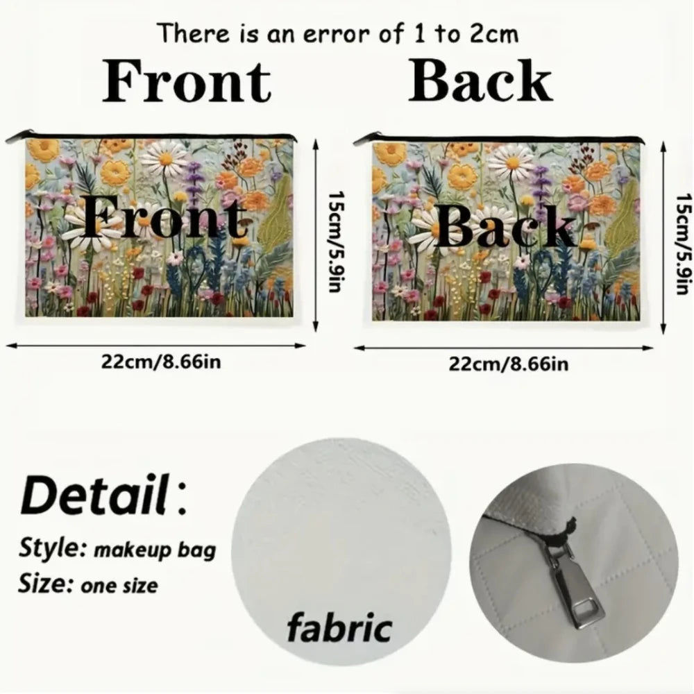Floral Print Canvas Makeup Bag with Double-Sided Design