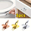 Three sets of metal toilet seat lifters with flush buttons in rose gold, gold, and silver finishes.
