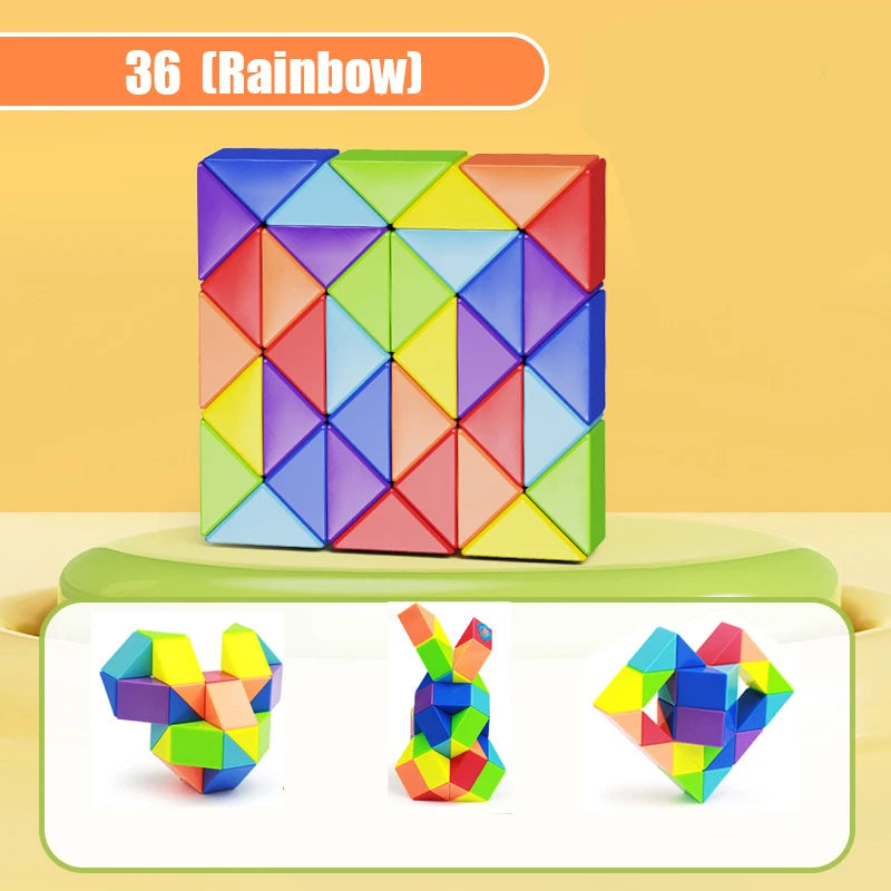 A colorful 3D puzzle toy shaped like a rainbow, featuring various geometric shapes and vibrant colors.