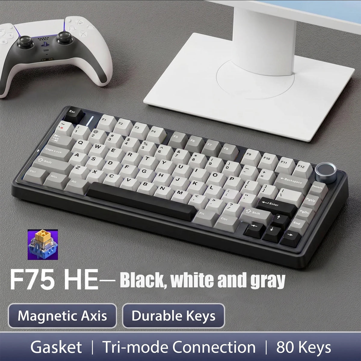 A black mechanical keyboard with white and gray keys is shown next to a wireless mouse and a white charging pad.