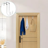 Over-the-door hooks with soft rubber coating hanging towels and bags on a wooden door.