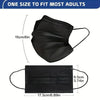 Black disposable face mask shown with dimensions and a size guide for adults