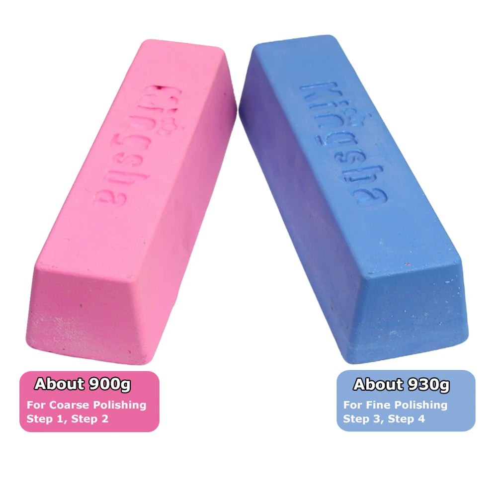 Two blocks of pink and blue cotton polishing wheels for angle grinders, labeled for coarse and fine polishing.
