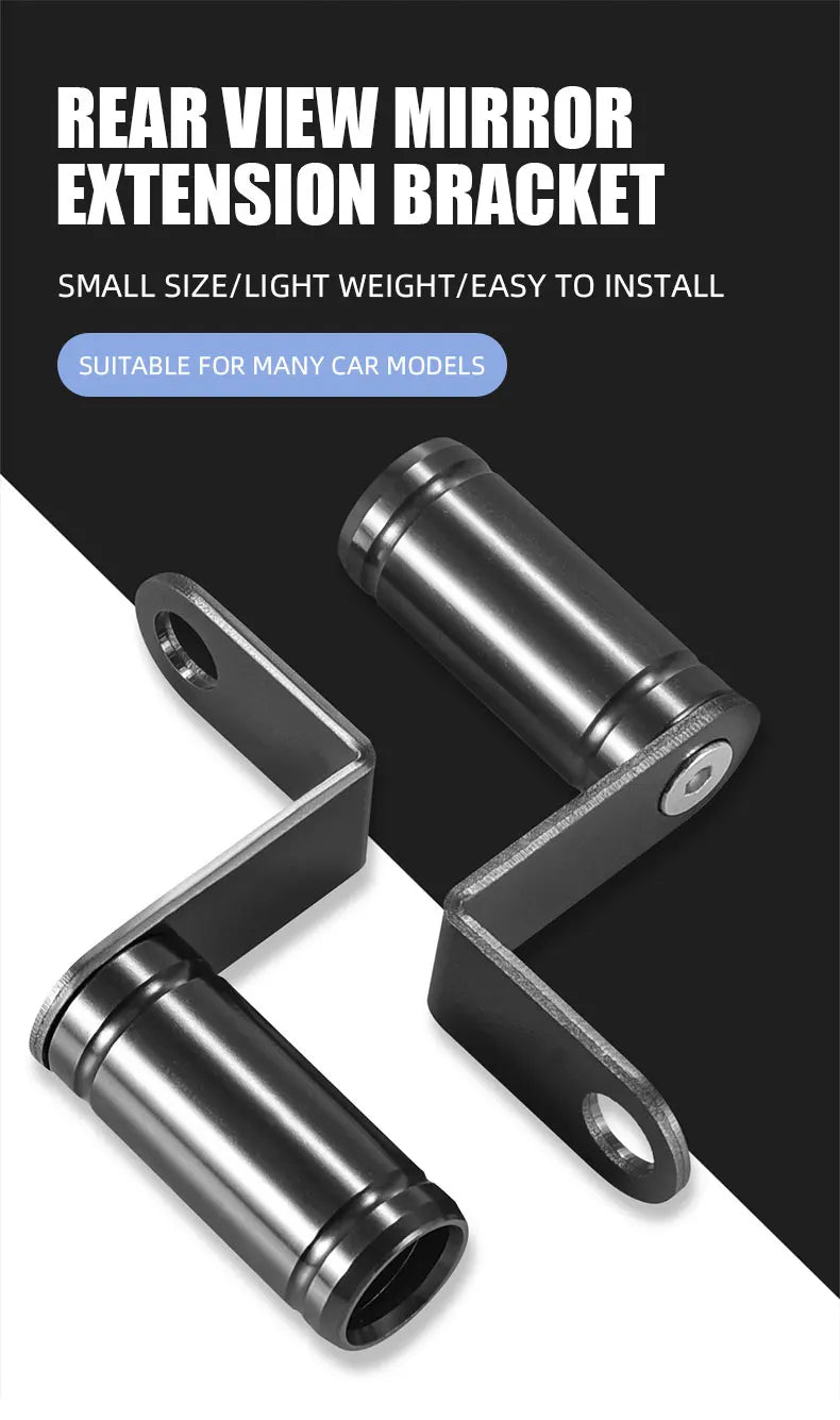 A rear view mirror extension bracket made of aluminum alloy shown in various angles.