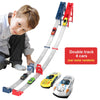 A boy is shown interacting with a double track racing car set featuring four die-cast cars.