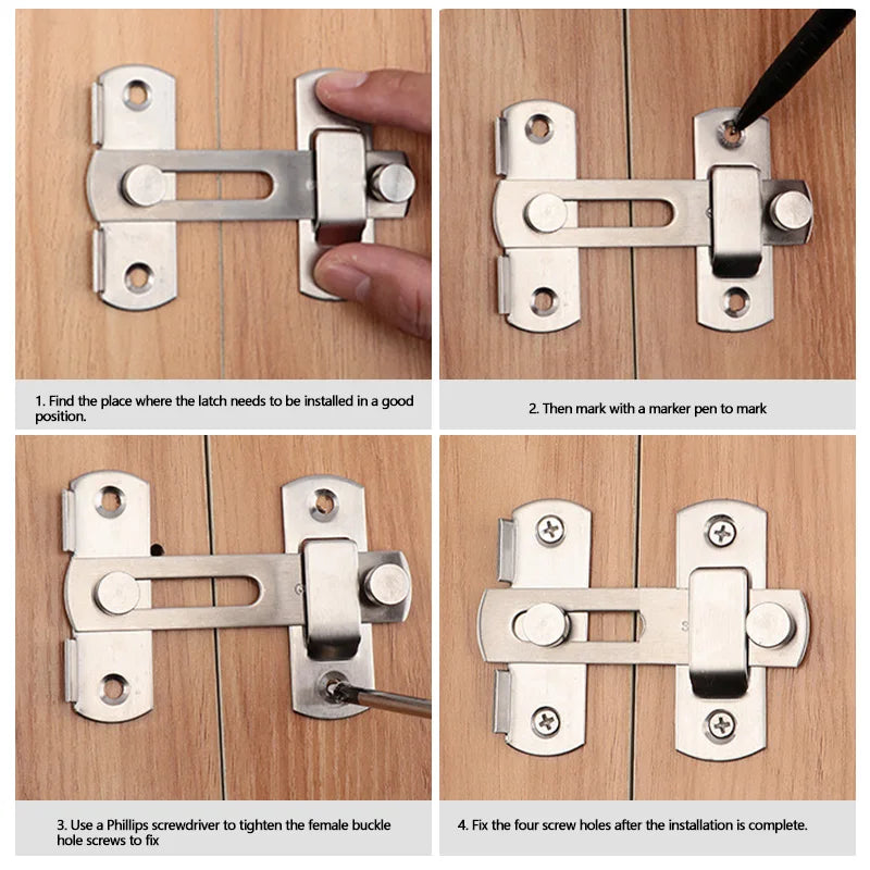 Instructions show how to install a stainless steel sliding door latch lock by marking and fixing the screw holes.