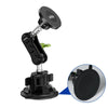 A black magnetic car phone mount with a sticky adhesive base and an adjustable clamp.