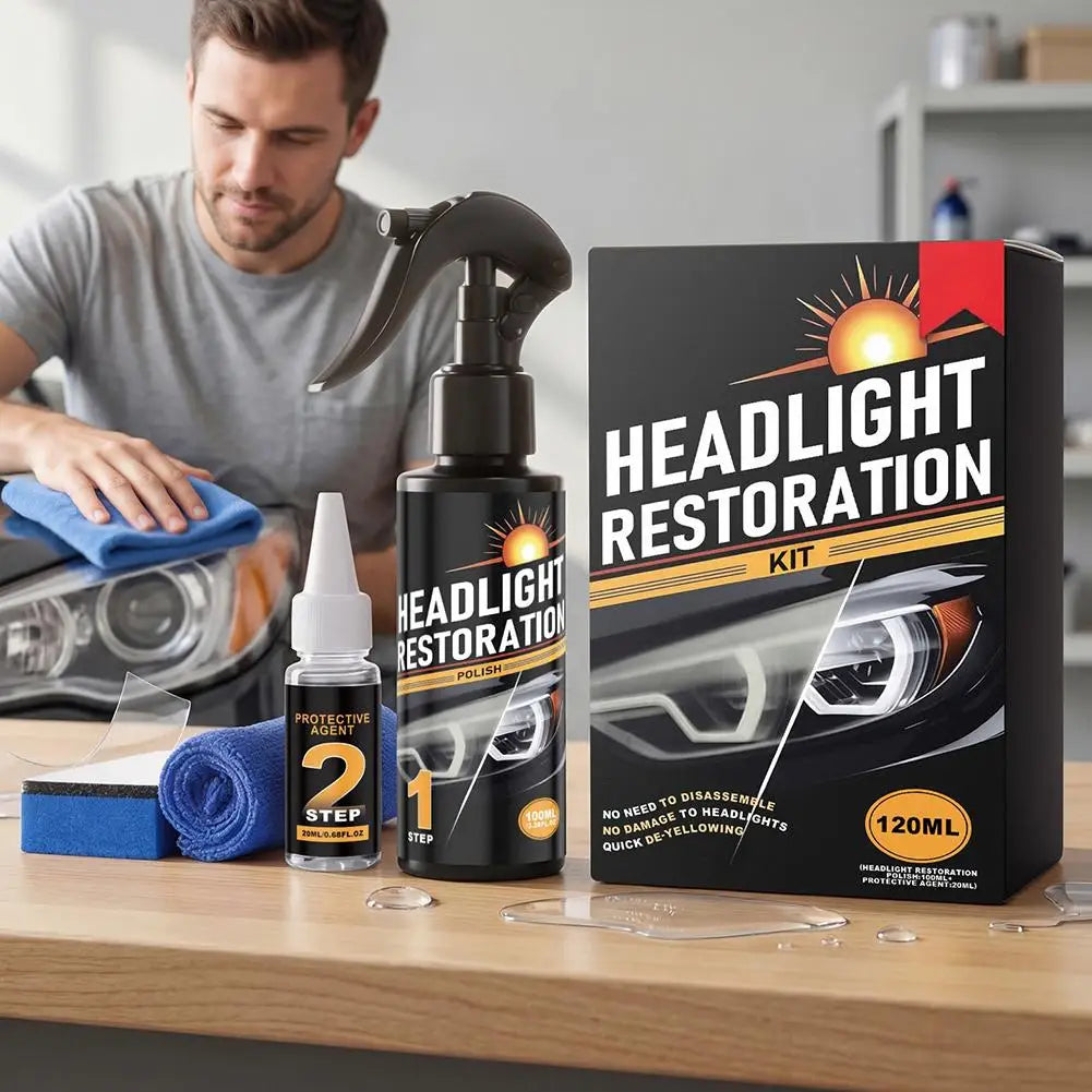 A man is applying a 2-step headlight restoration kit to a car headlight, with the product box visible.