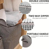 A quilted storage bag with a checkered pattern and a handle is shown, highlighting its double locking feature.