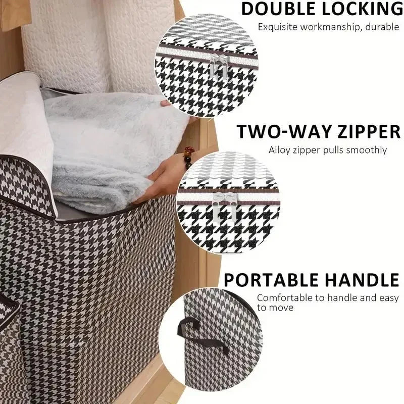 A quilted storage bag with a checkered pattern and a handle is shown, highlighting its double locking feature.