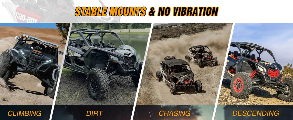 Various off-road vehicles, including a Can-Am Maverick X3, are shown in climbing, dirt, chasing, and descending contexts.