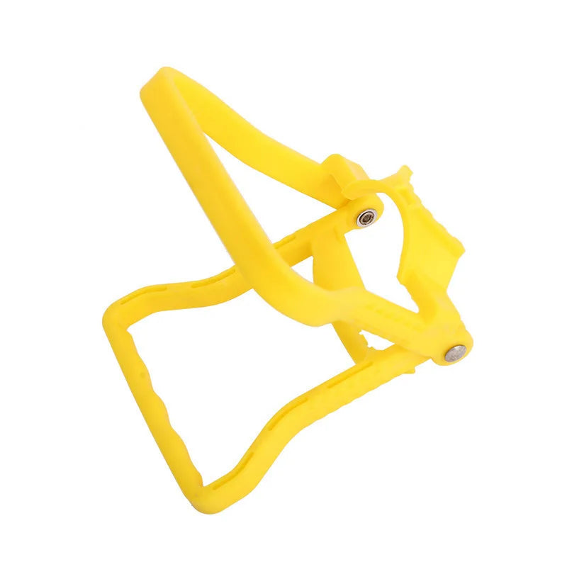 Yellow ergonomic handle for a water bucket or bottle carrier.