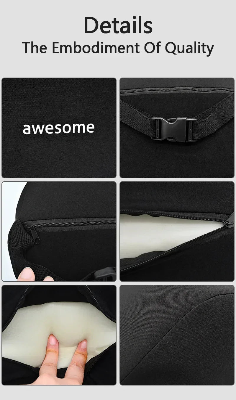 Close-up details of a black memory foam car headrest and lumbar support pillow showing texture and stitching.