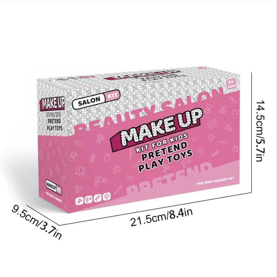 A pink box for a beauty salon kit with tools and accessories for pretend play.