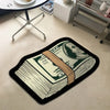 A black non-slip rug featuring a print of a US dollar bill on a light background.