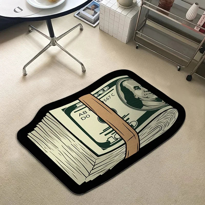 A black non-slip rug featuring a print of a US dollar bill on a light background.