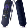 A dark blue silicone remote cover for a Roku device shown next to the detached remote.