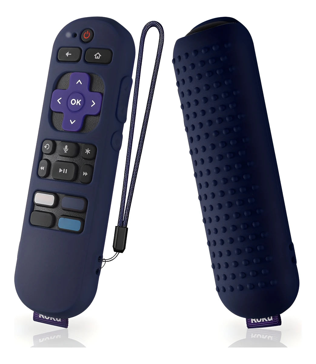 A dark blue silicone remote cover for a Roku device shown next to the detached remote.