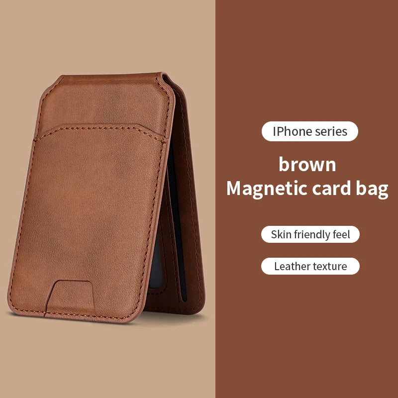 Brown magnetic leather card bag case for iPhone series with a leather texture finish