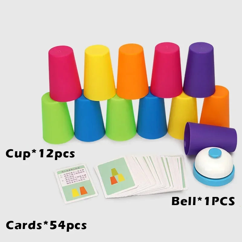 A set of 12 colorful plastic cups and 54 cards for a Montessori stack cup game