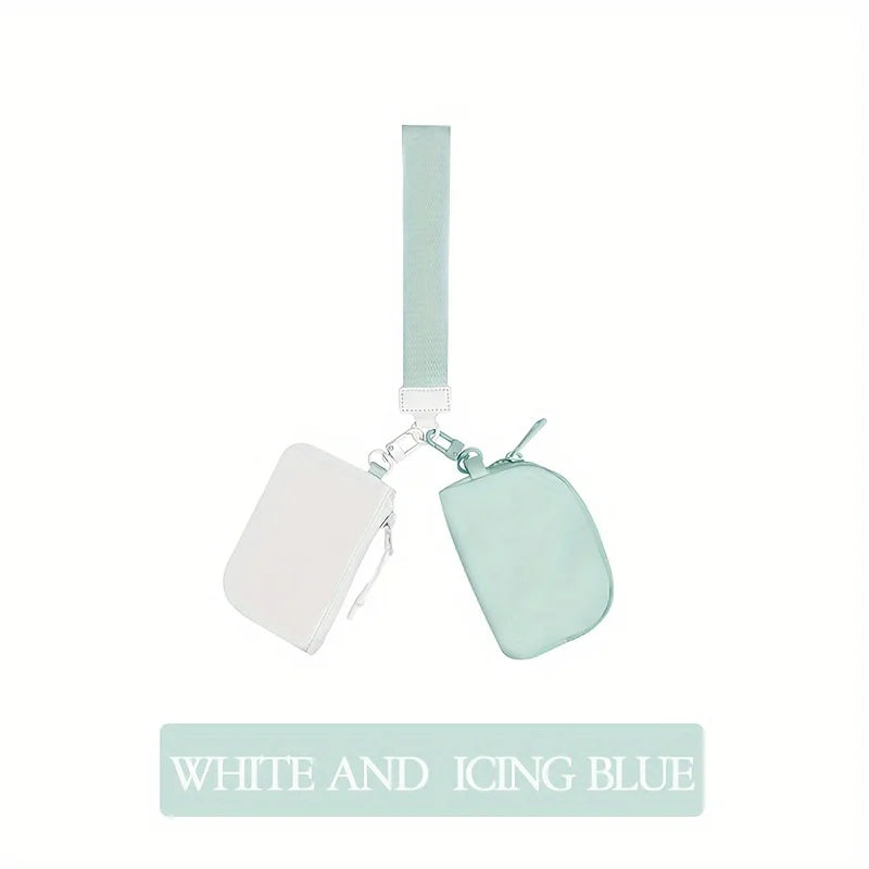 White and icing blue detachable wristlet wallet with a zipper pouch and card slots