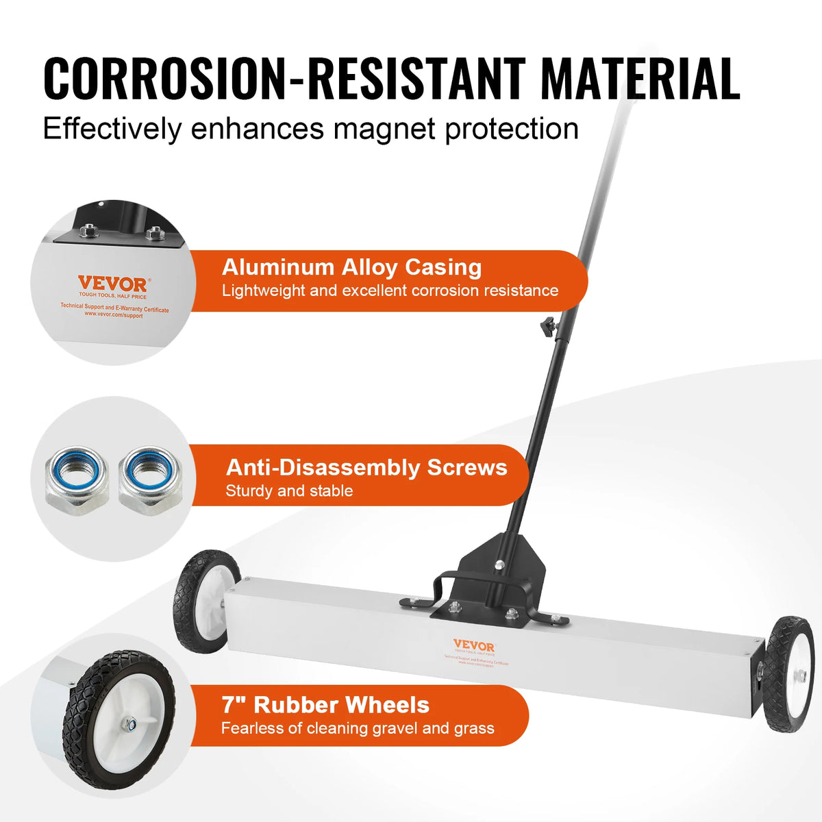 A white rolling magnetic sweeper with an aluminum alloy casing and rubber wheels is shown.