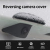A black camera cover is shown being reversed onto a car's rear window, highlighting its waterproof and installation features.