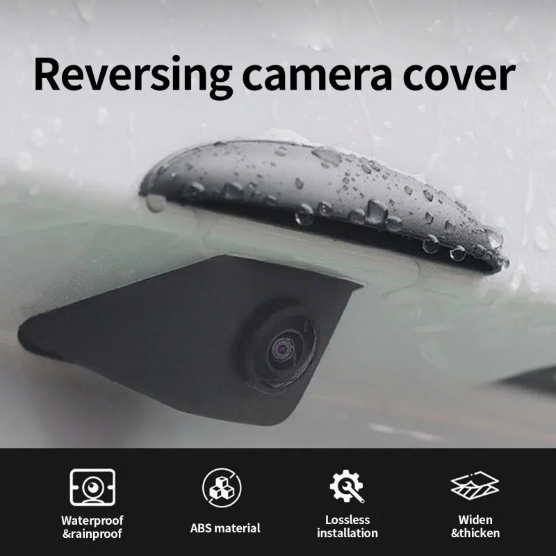 A black camera cover is shown being reversed onto a car's rear window, highlighting its waterproof and installation features.