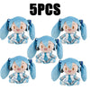 Five soft blue Hatsune Miku plush dolls in various poses and outfits