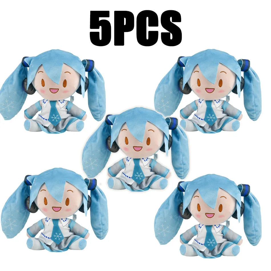 Five soft blue Hatsune Miku plush dolls in various poses and outfits