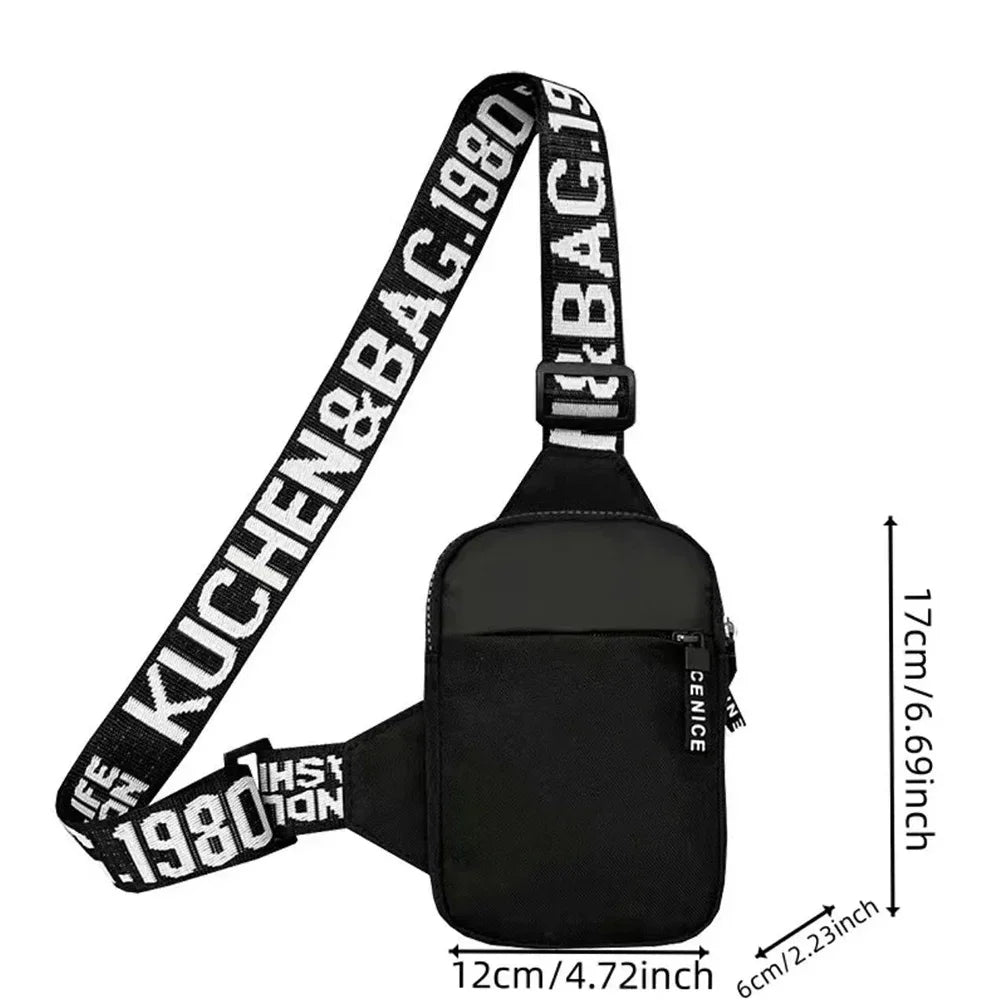 Black canvas chest bag with a wide strap and zipper closure