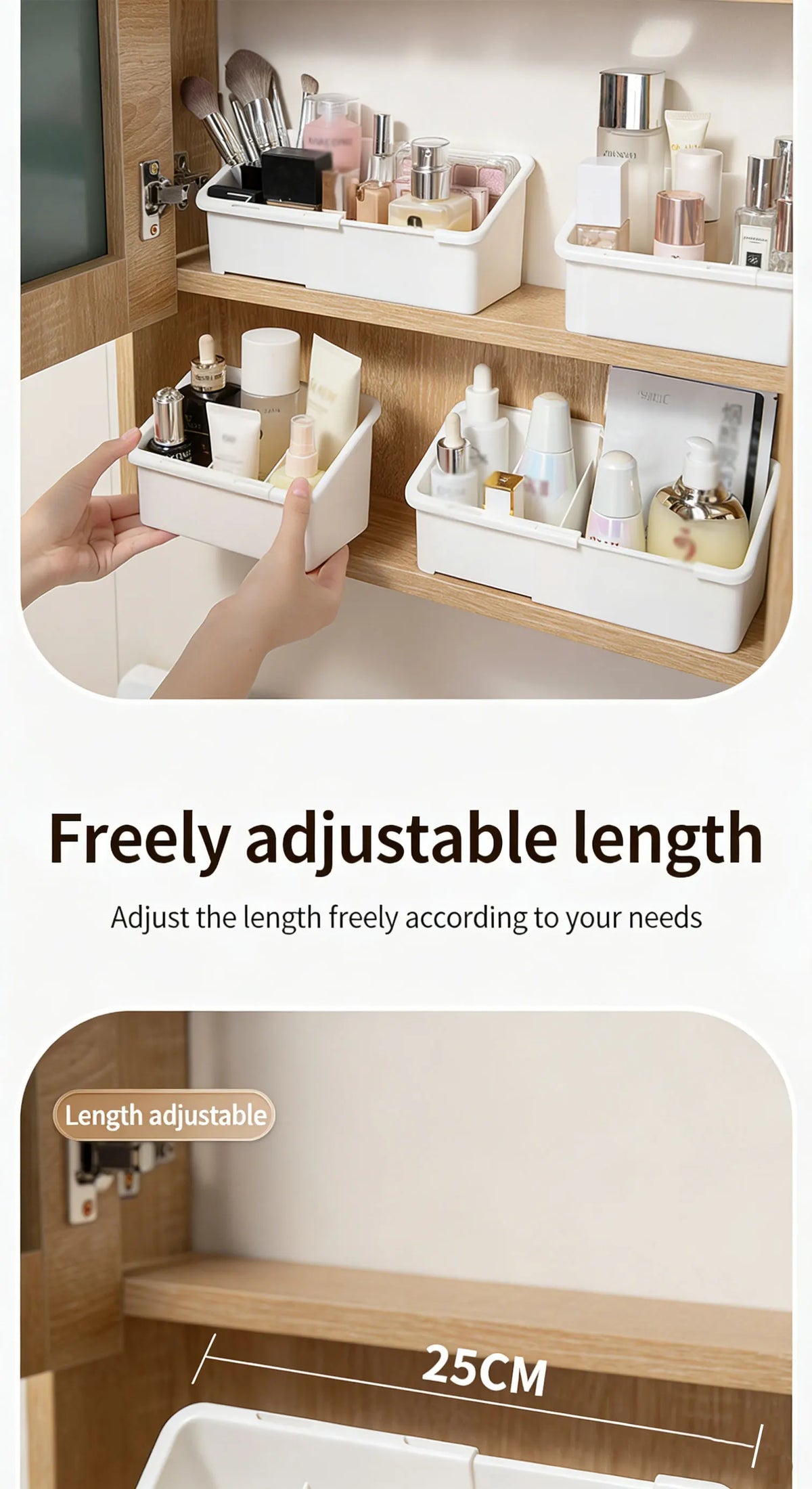 A hand is shown adjusting the length of a white cosmetic organizer with multiple compartments inside a wooden vanity cabinet.