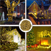 A collection of outdoor string lights illuminating a house, tree, and garden with various warm-toned light displays.