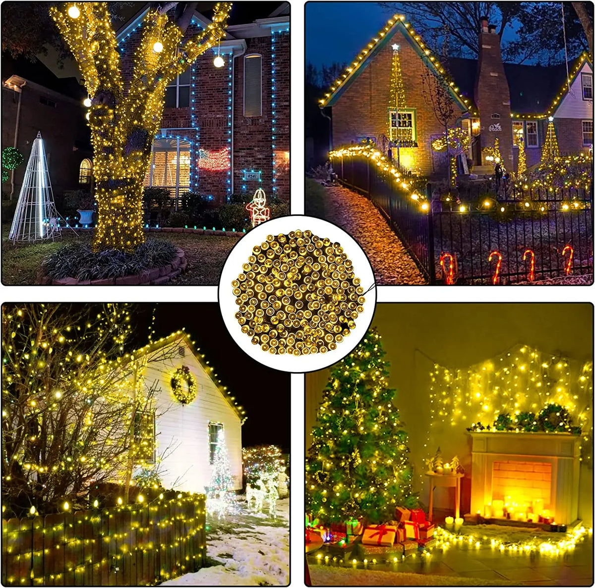 A collection of outdoor string lights illuminating a house, tree, and garden with various warm-toned light displays.