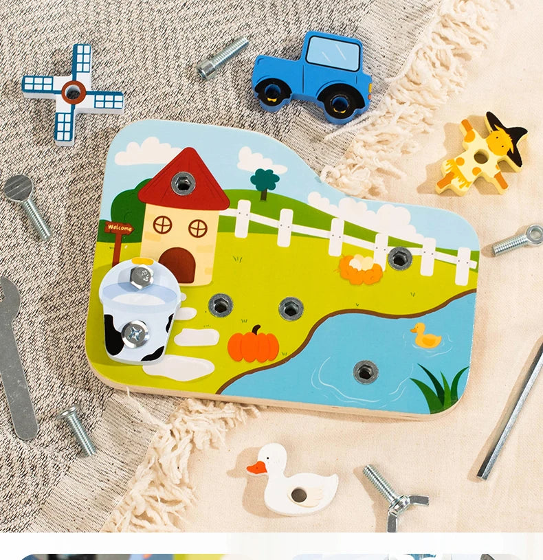 A wooden farm animal assembly toy featuring a tractor, pumpkin, and other animals with tools.