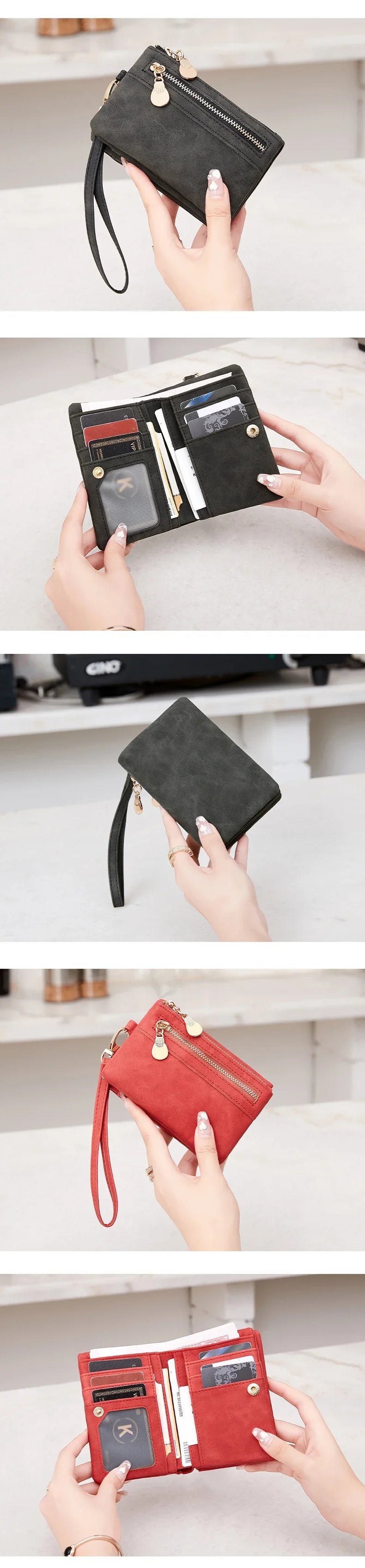 Vintage PU Leather Foldable Clutch Wallet with Wrist Strap