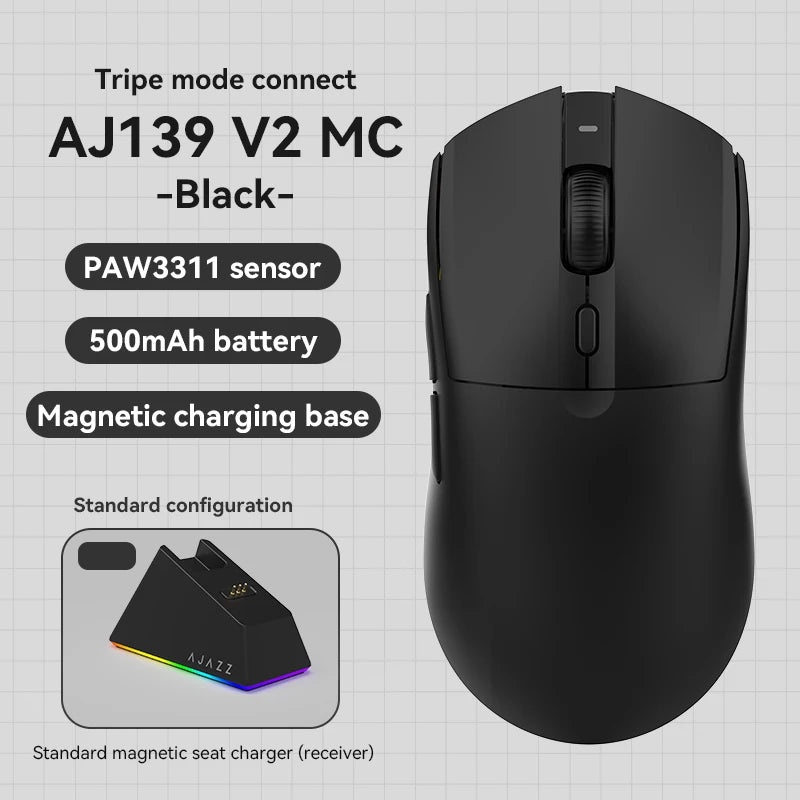 Black AJ139 V2 MC wireless gaming mouse with a magnetic charging base and sensor details.