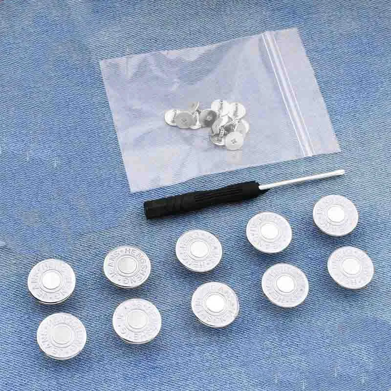 A clear plastic bag contains a kit of instant no-sew snap buttons and various round buttons on a blue denim background.