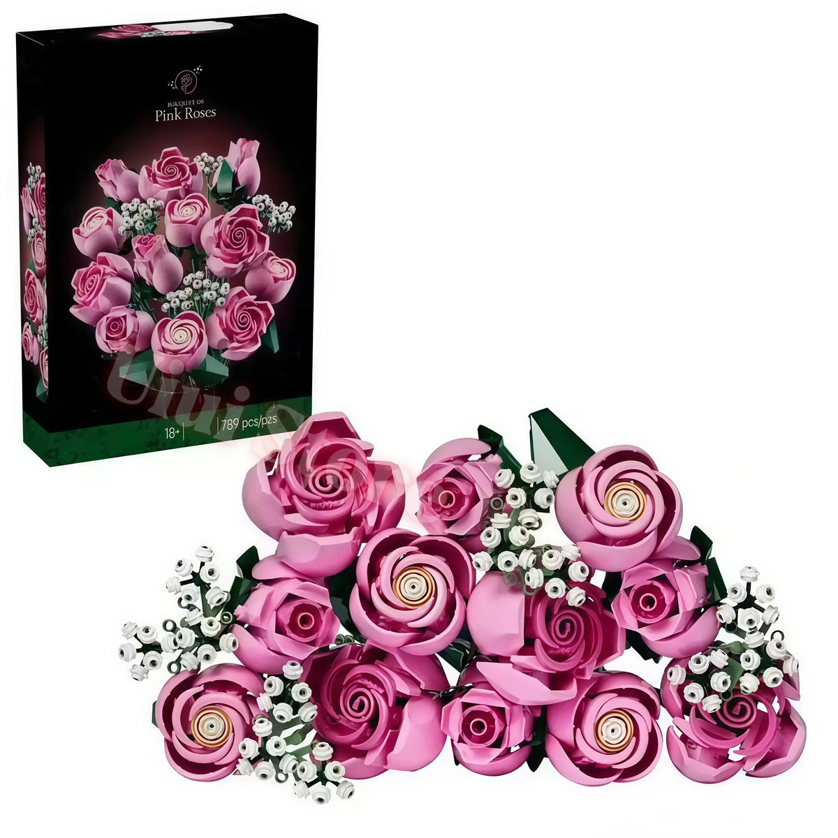 A box of Botanical Blooms Building Block Set for a DIY artificial flower bouquet featuring pink roses.