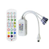 A white Bluetooth LED strip controller unit with a remote and power cord is shown.