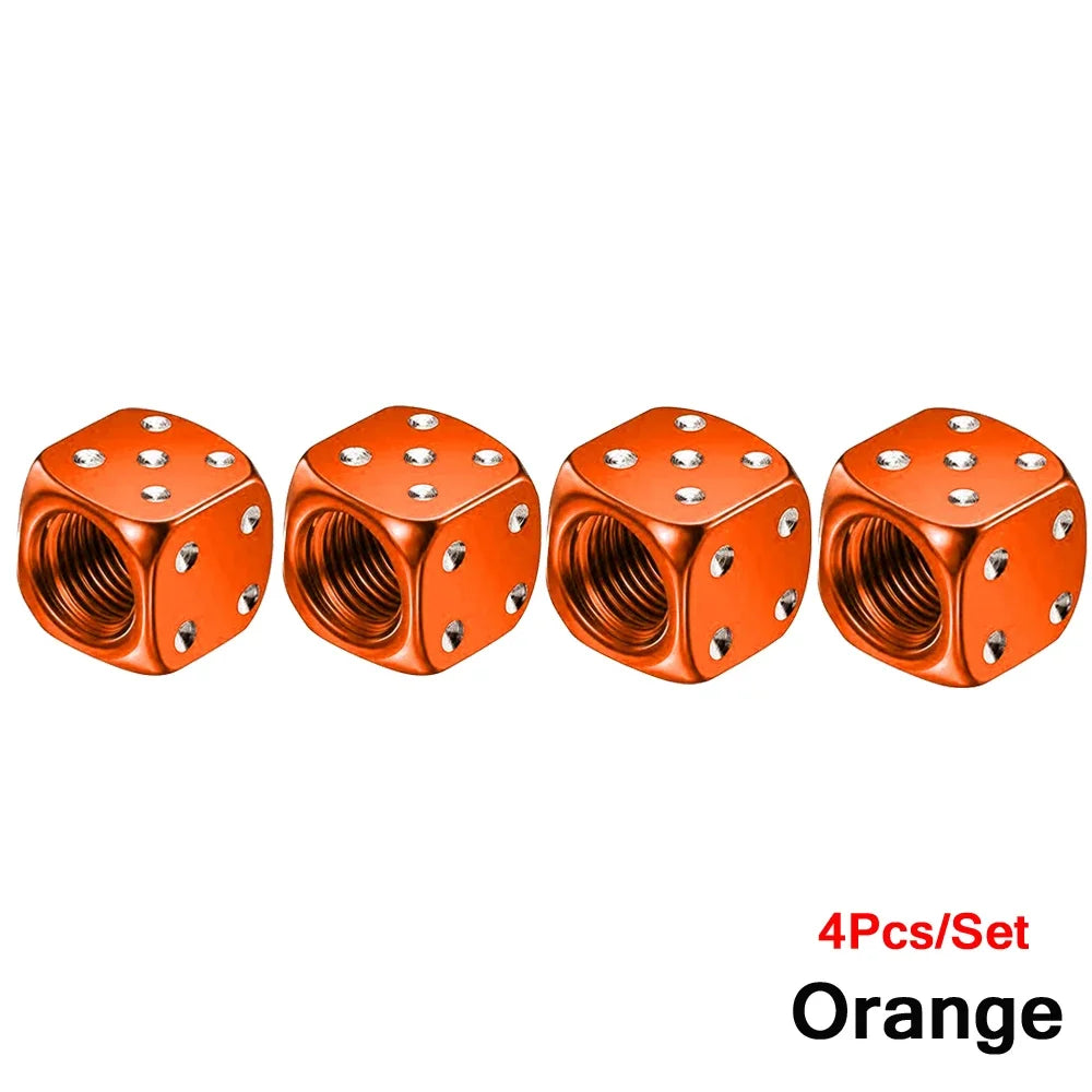 Set of four orange aluminum alloy dice design tire valve caps