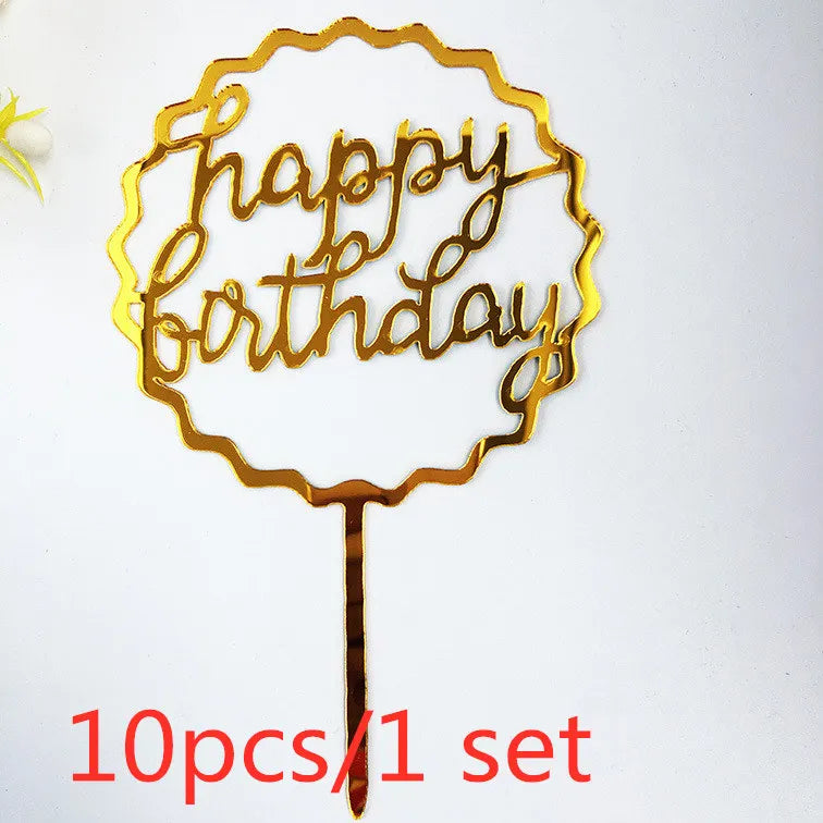 Gold Acrylic Happy Birthday Cake Toppers (Set of 10)