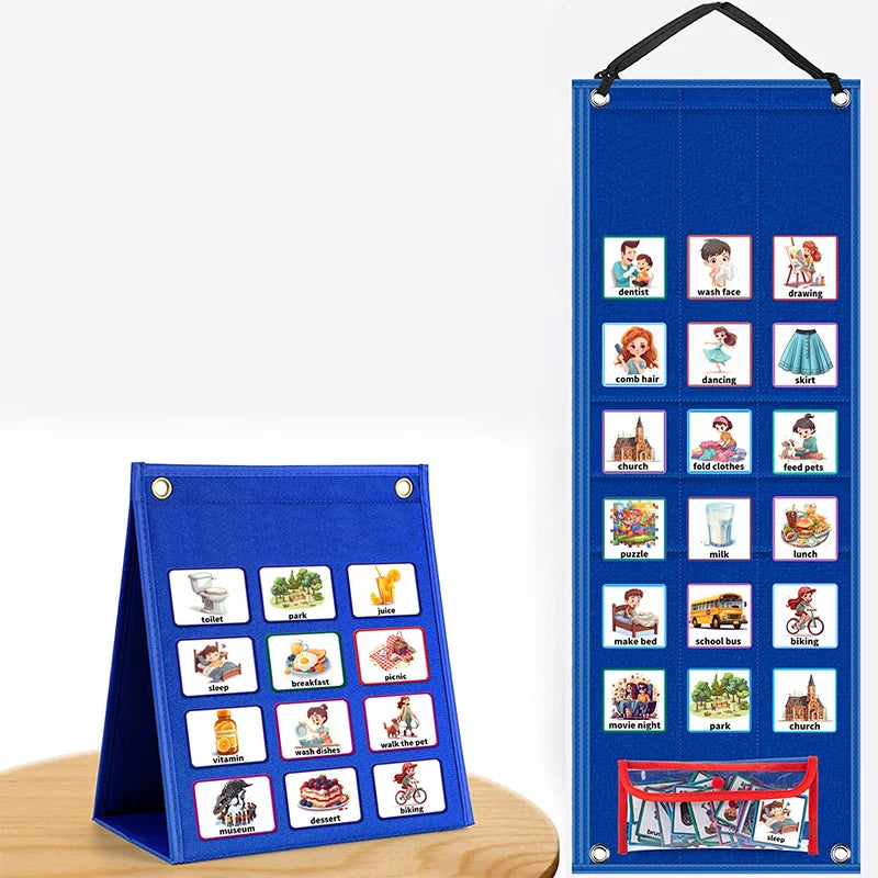 A blue folder containing various visual schedule cards for daily routines and chores.