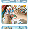 A set of colorful puzzle cards featuring various animals and fruits for a toddler matching game.