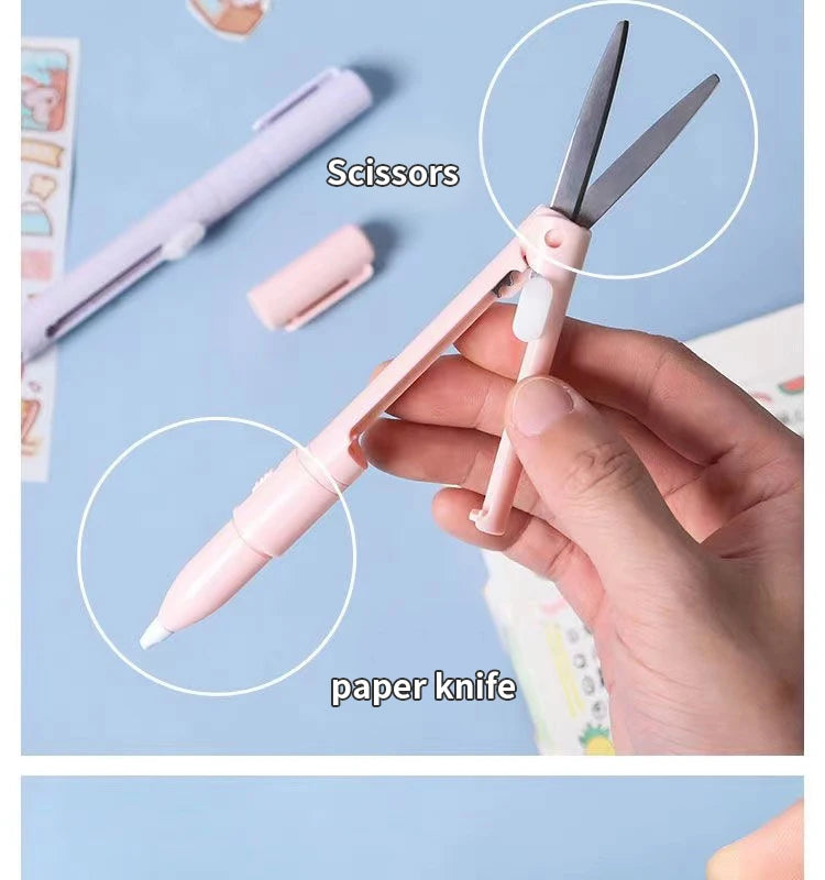 A hand holds a pink pen-shaped tool that functions as both scissors and a paper knife.