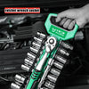 A hand holds a green ratchet wrench socket set with quick-release features against a dark background.