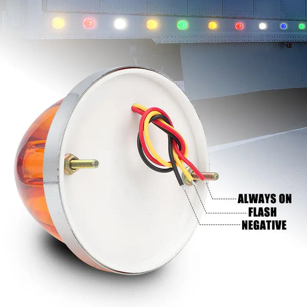 A white LED marker light assembly with colored wires, showing instructions for always on flash negative operation.